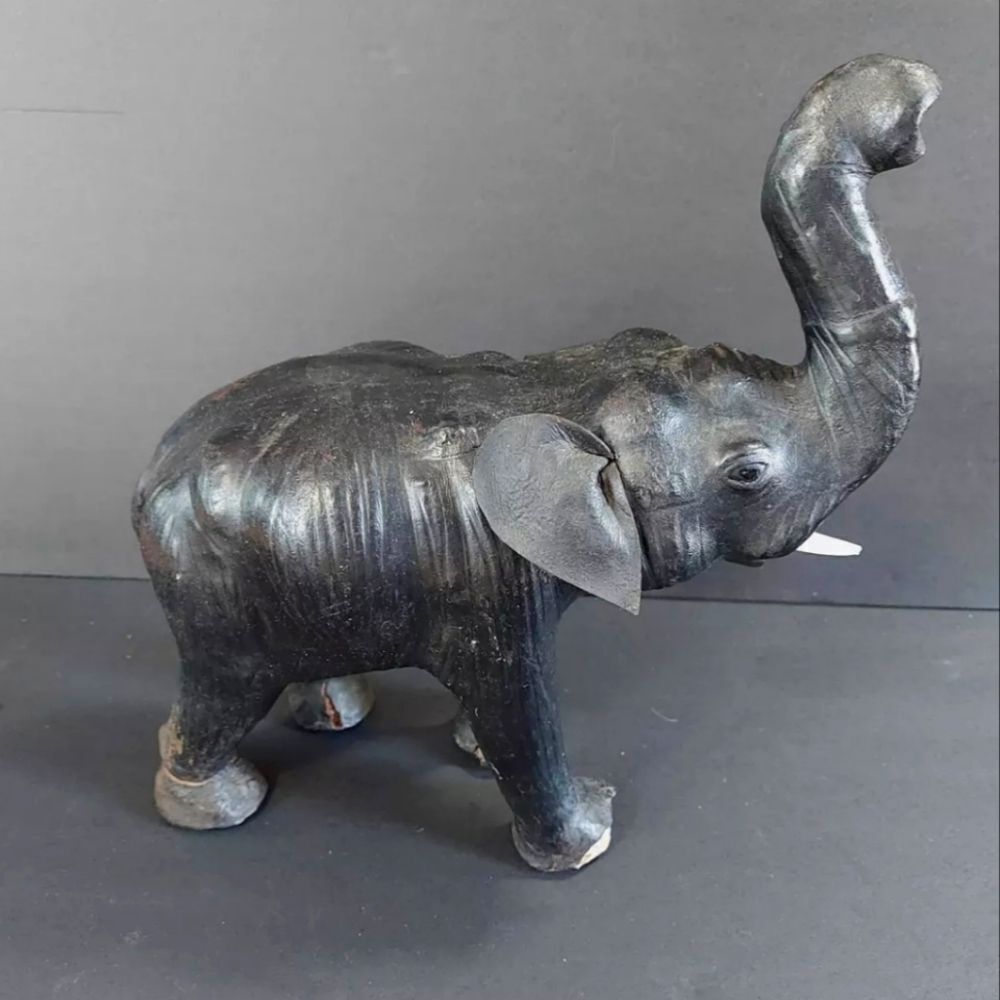 Vintage Hand Crafted Leather Wrapped Elephant With Tusks Figurine Lucky Trunk Up